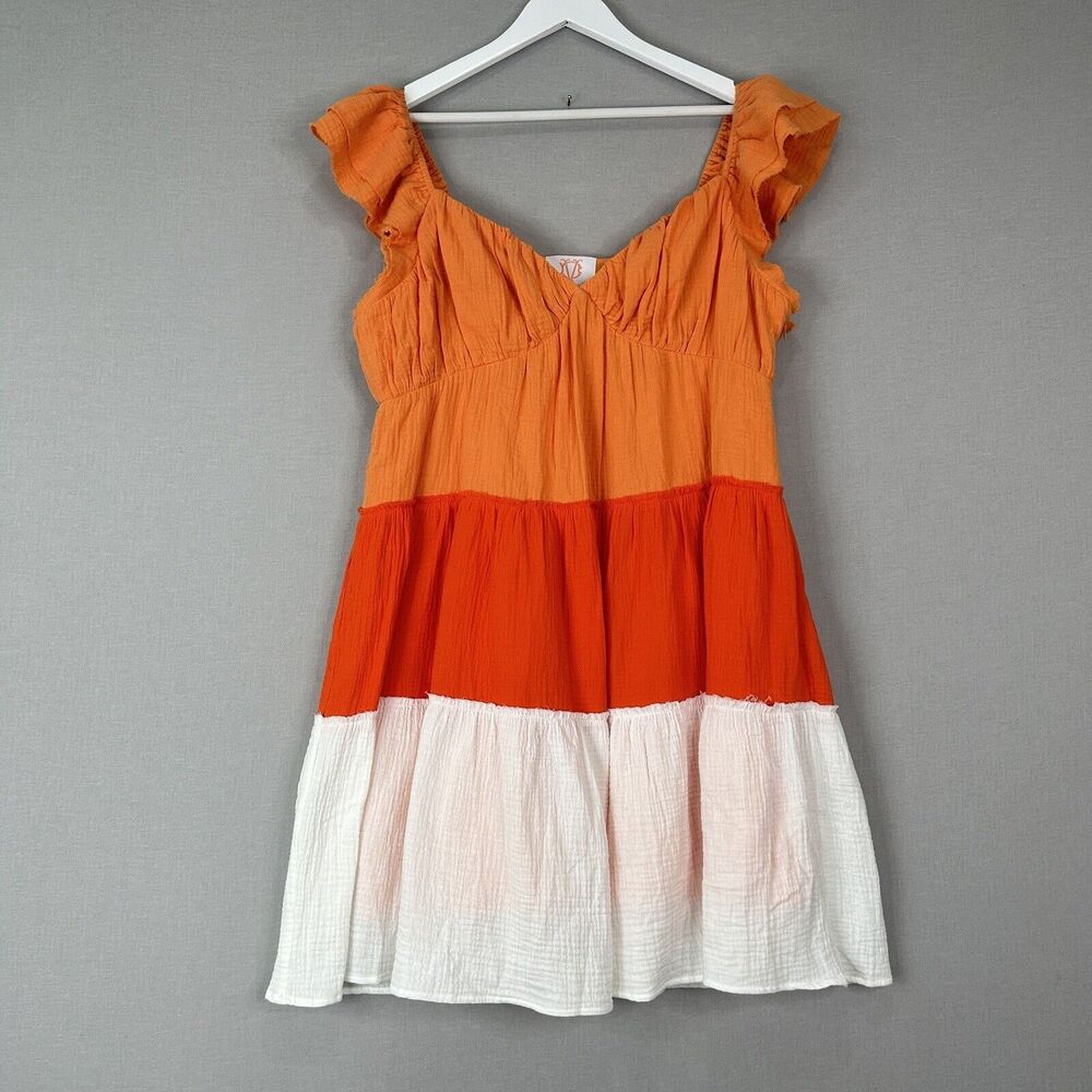 Victoria Dunn VD Lounge Long Island Tiered Dress Womens Large Orange Gauze Beach
